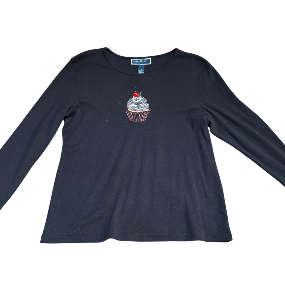 Karen Scott Petites Black Long Sleeve Cupcake Rhinestone Top PL